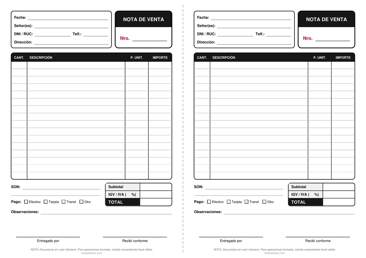 Nota de venta simple y completa para imprimir en PDF, con subtotal, IGV o IVA, forma de pago y firmas