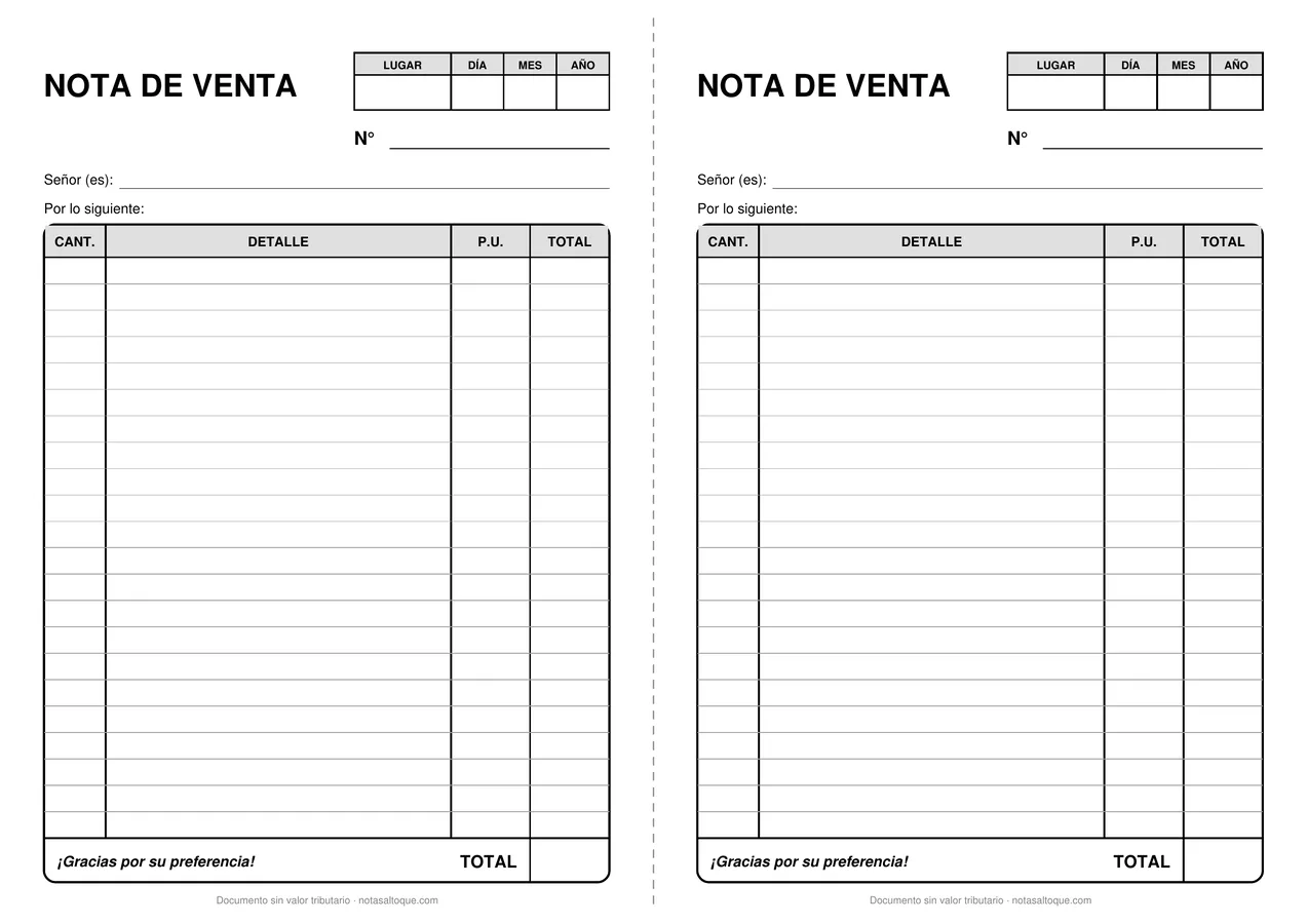 Nota de venta simple para imprimir en PDF, dos de media hoja por A4
