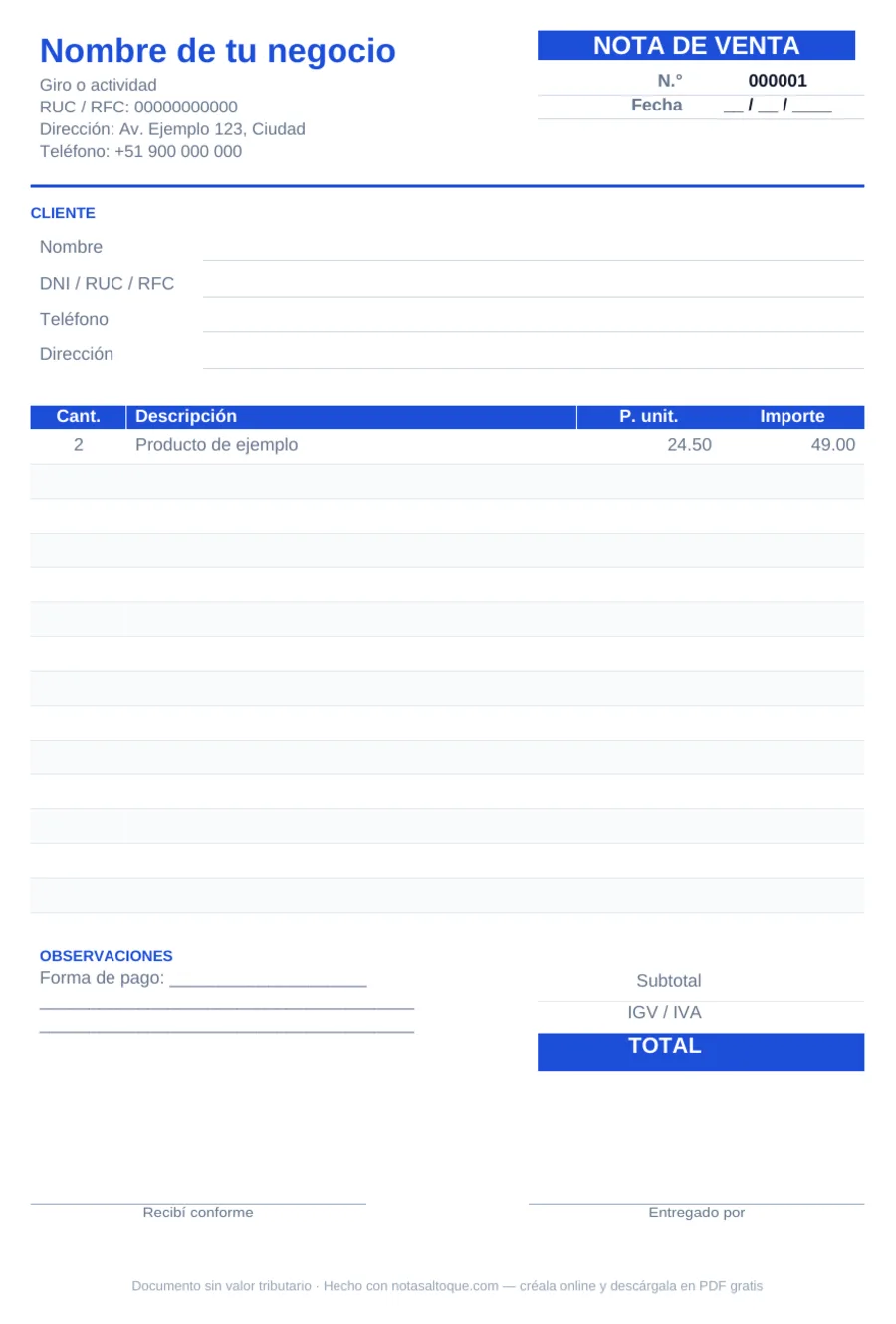 Formato de nota de venta en Word editable
